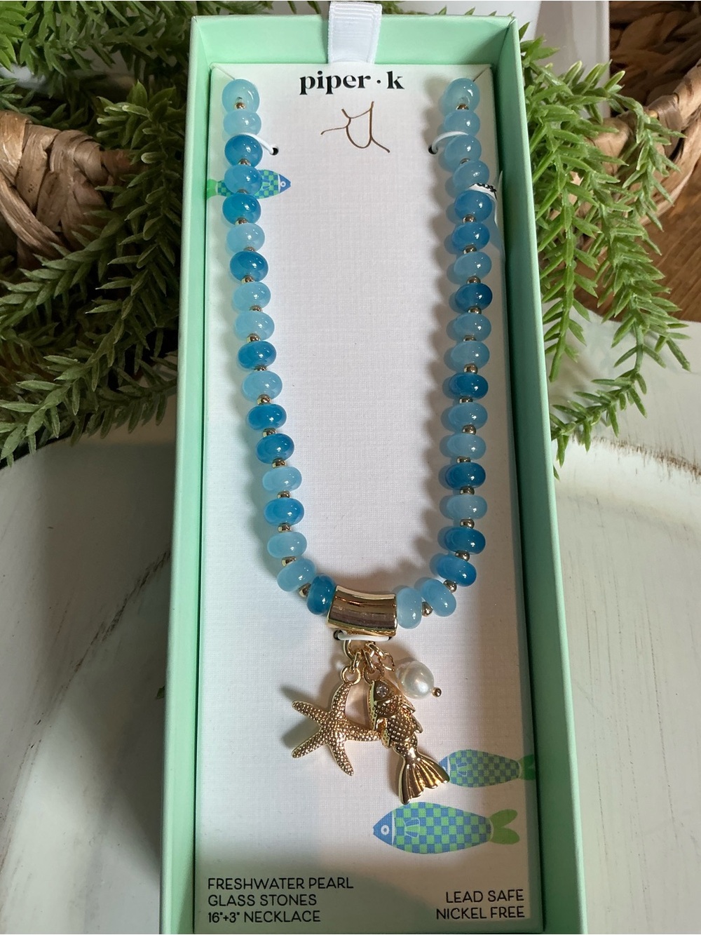 Piper Blue Glass Bead Necklace with Gold Sea Charms